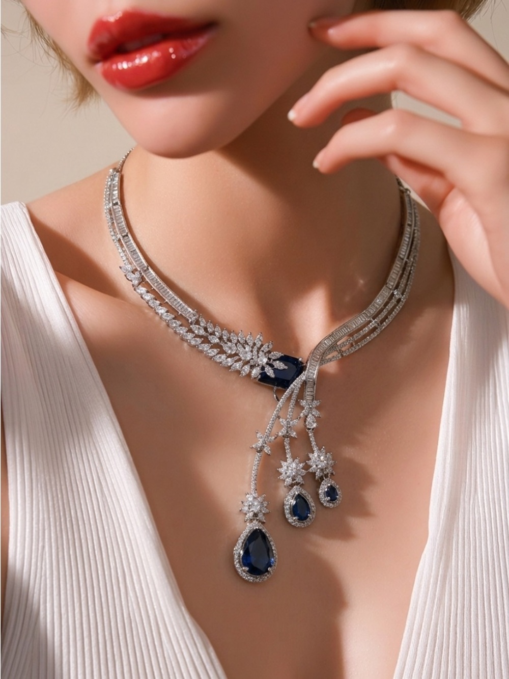 Silver Necklace with Blue Gemstone Teardrops - Elegant Women’s Jewelry